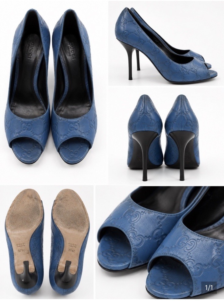 Gucci Blue Embossed Leather Peep Toe Stiletto Pumps