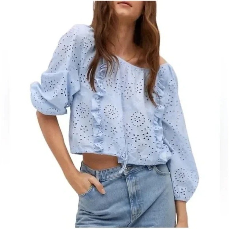 JOIE Ruffle Embroidered Drawstring Hem Blouse Blue Puff Sleeve Cotton Womens XS