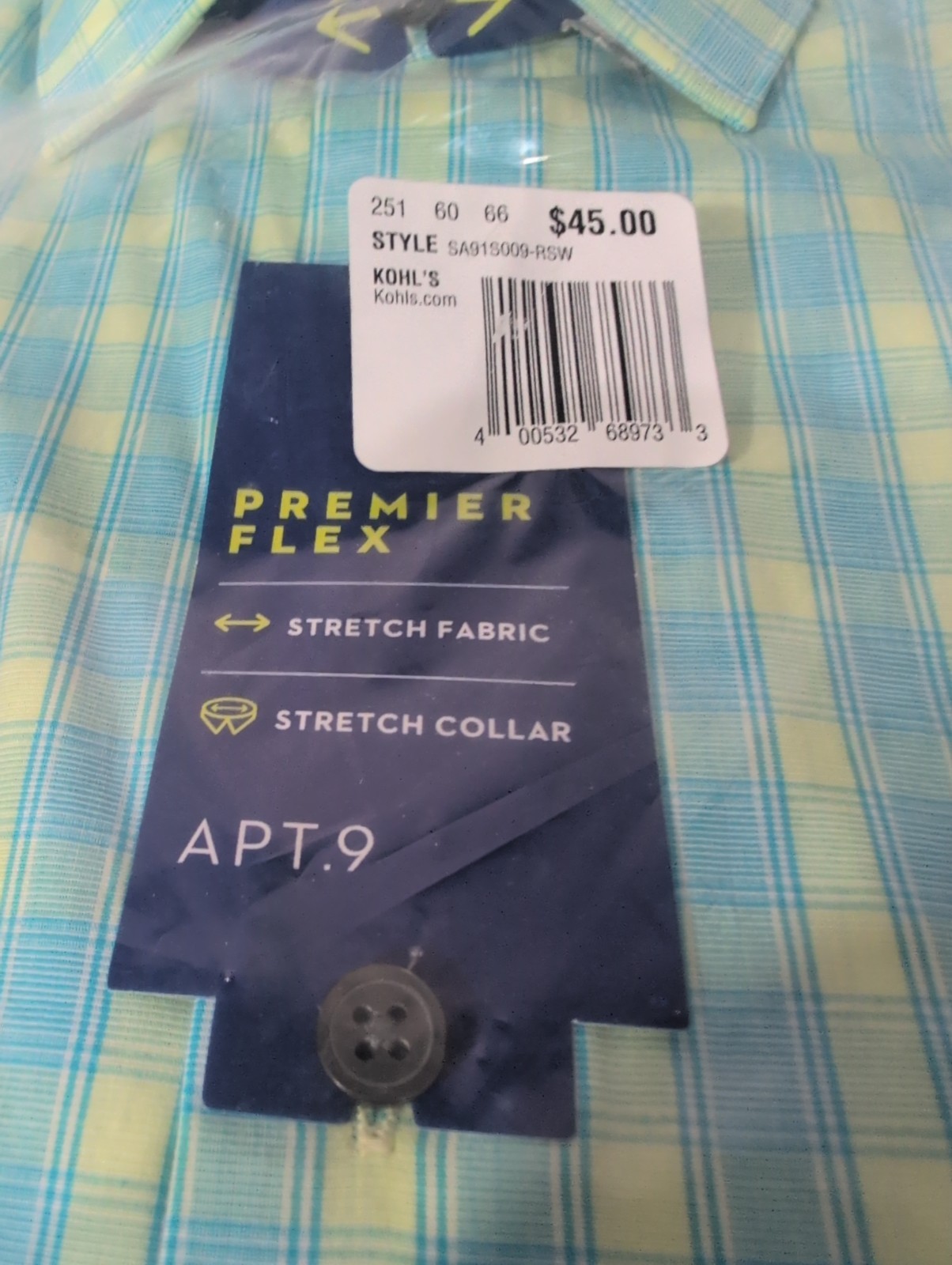 APT.9 PREMIER FLEX STRETCH FABRIC/COLLAR SLIM FIT Green/Tu Men’s Dress Shirt $45