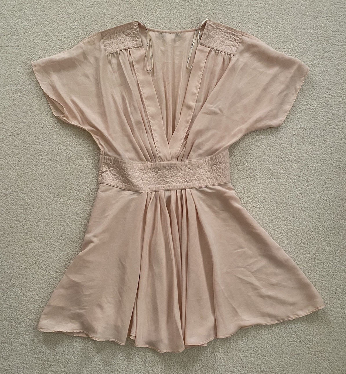 Forever 21 Peach Beaded Romantic Ethereal Babydoll V-Neck Top Short Sleeve ~ S