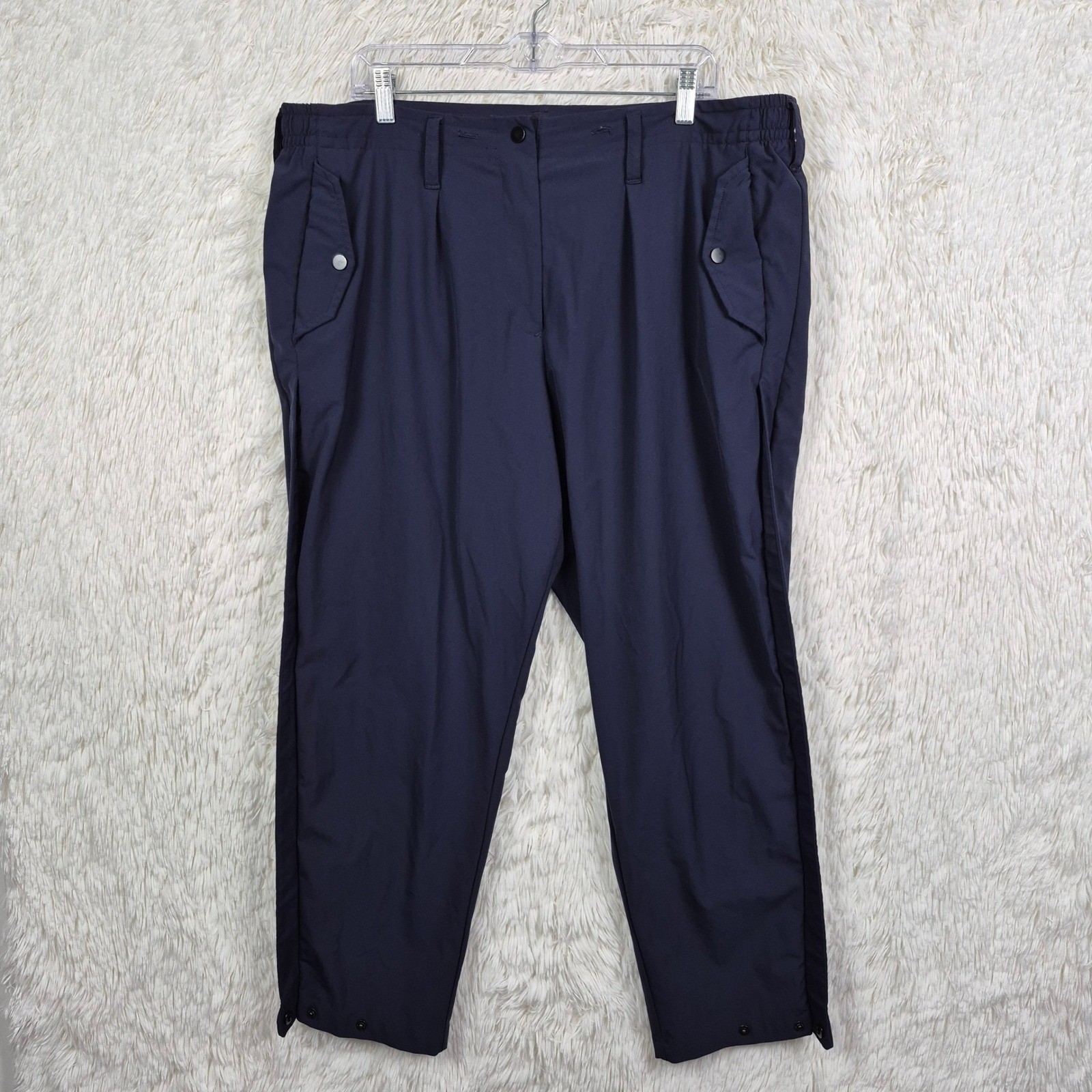 Paskho XL Navy Blue Travel Pants Technical Stretch Pleated Snap Hem Men