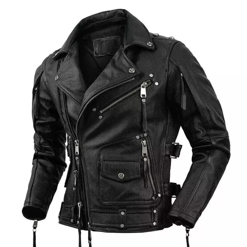 Mens Motorcycle Biker Vintage Cafe Racer Distressed Genuine Leather Jacket