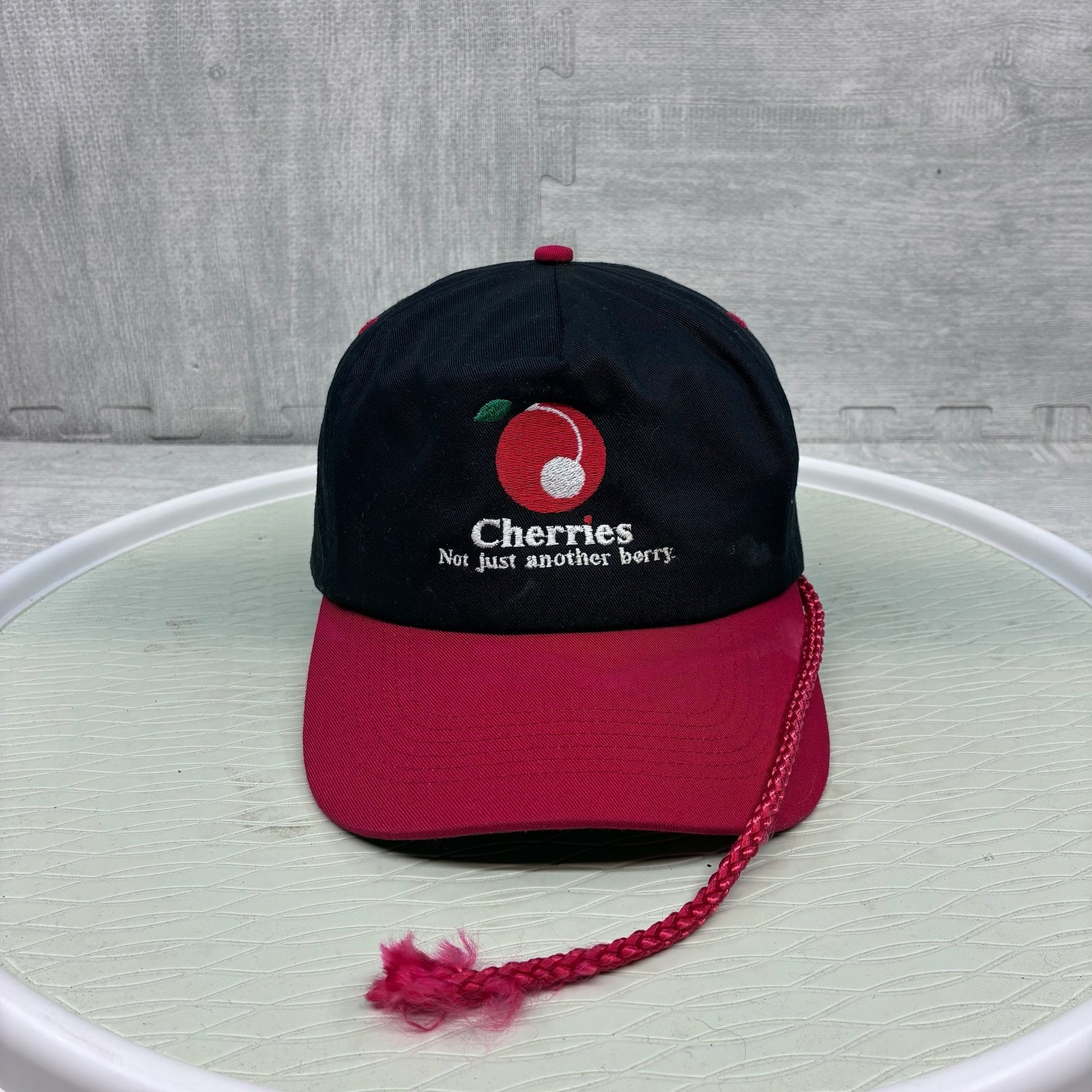 Vintage Cherries Not Just Another Berry Hat Mens OSFA Black Red Cotton Snapback