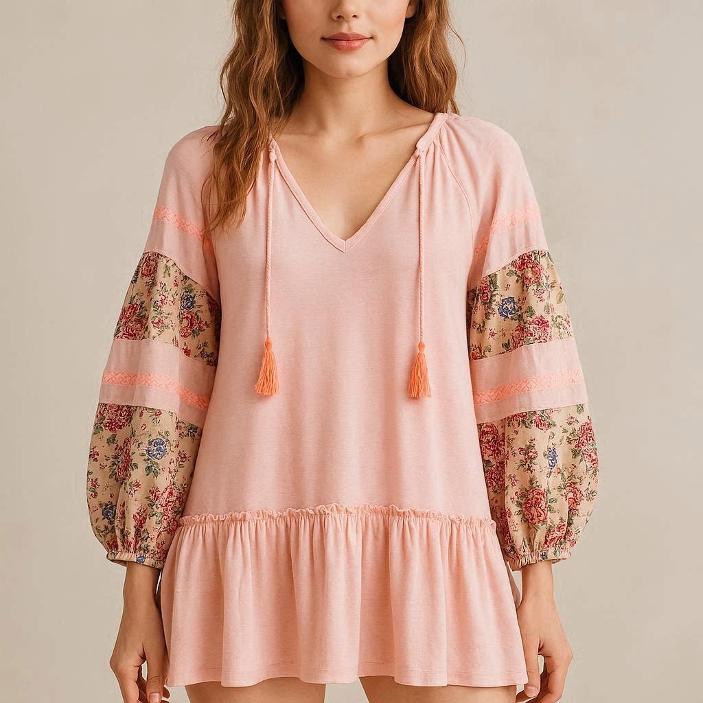 Tunic L Tassels Florals NWOT Pastel Pink Tiered Cottagecore Fairycore Patchwork