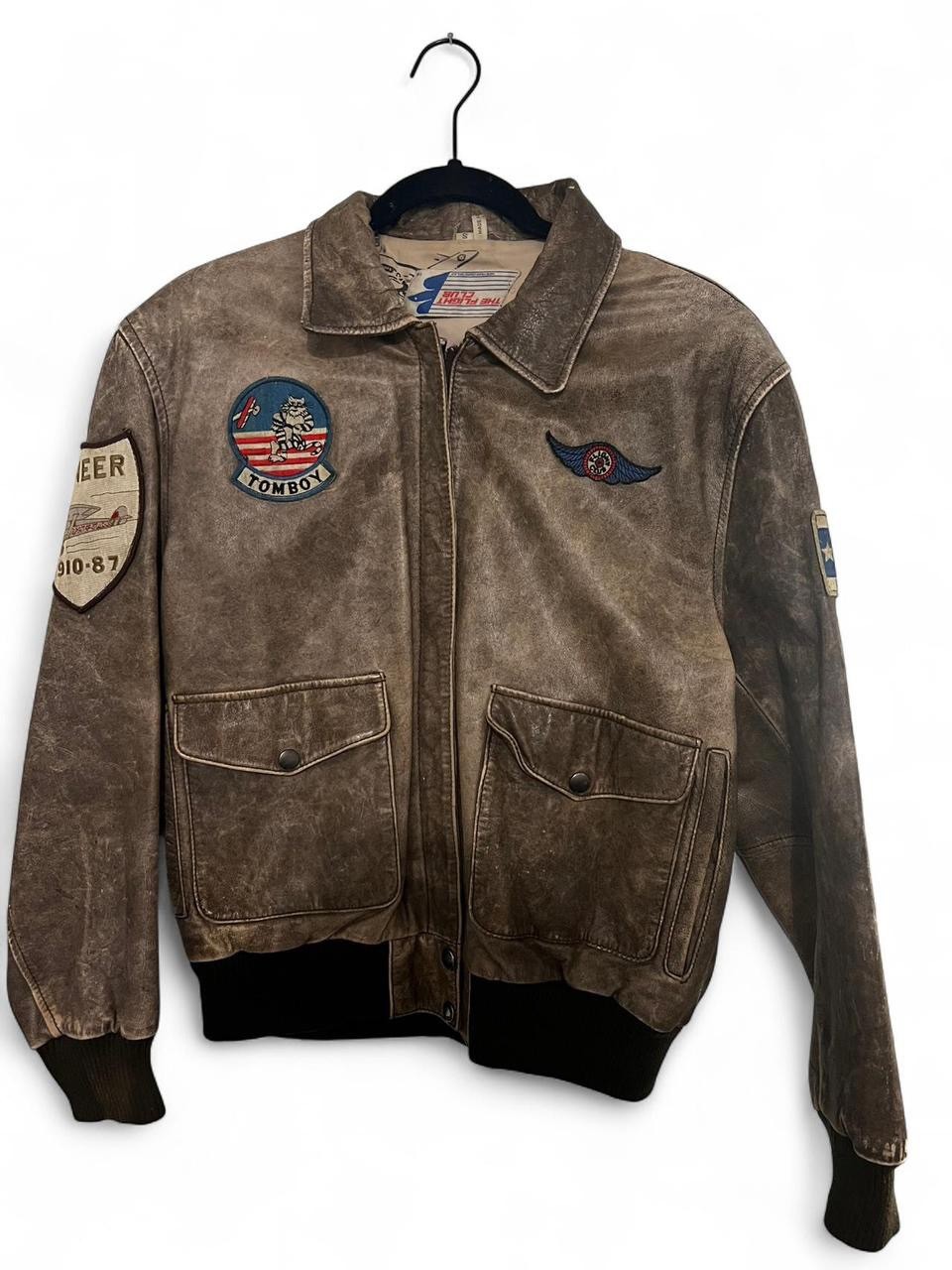 Vintage The Flight Club Bomber Aviator Pilot Brown Leather Jacket Small