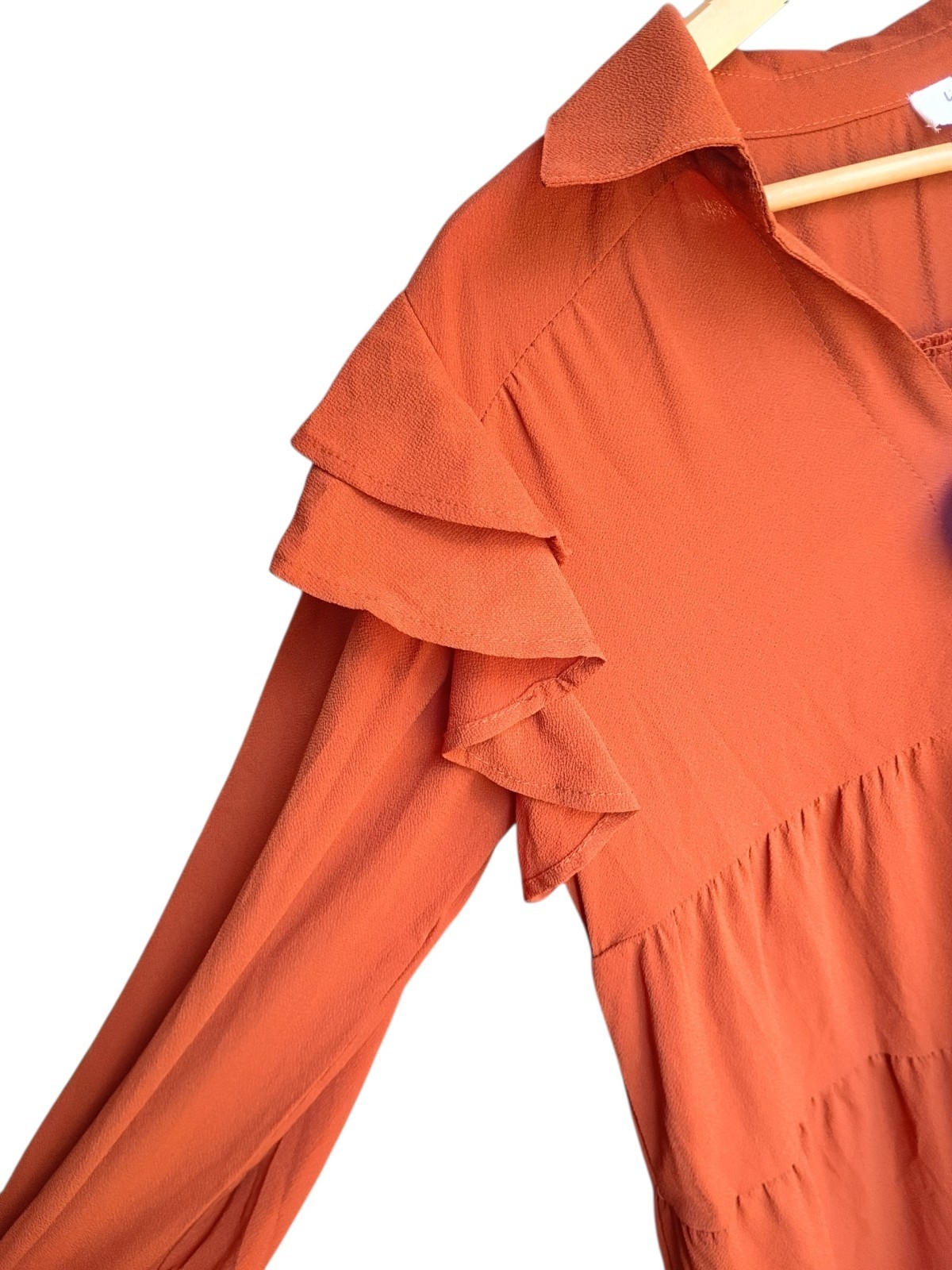 Umgee Orange Smocked Ruffle Collared Midi A-Line Dress Long Sleeve S