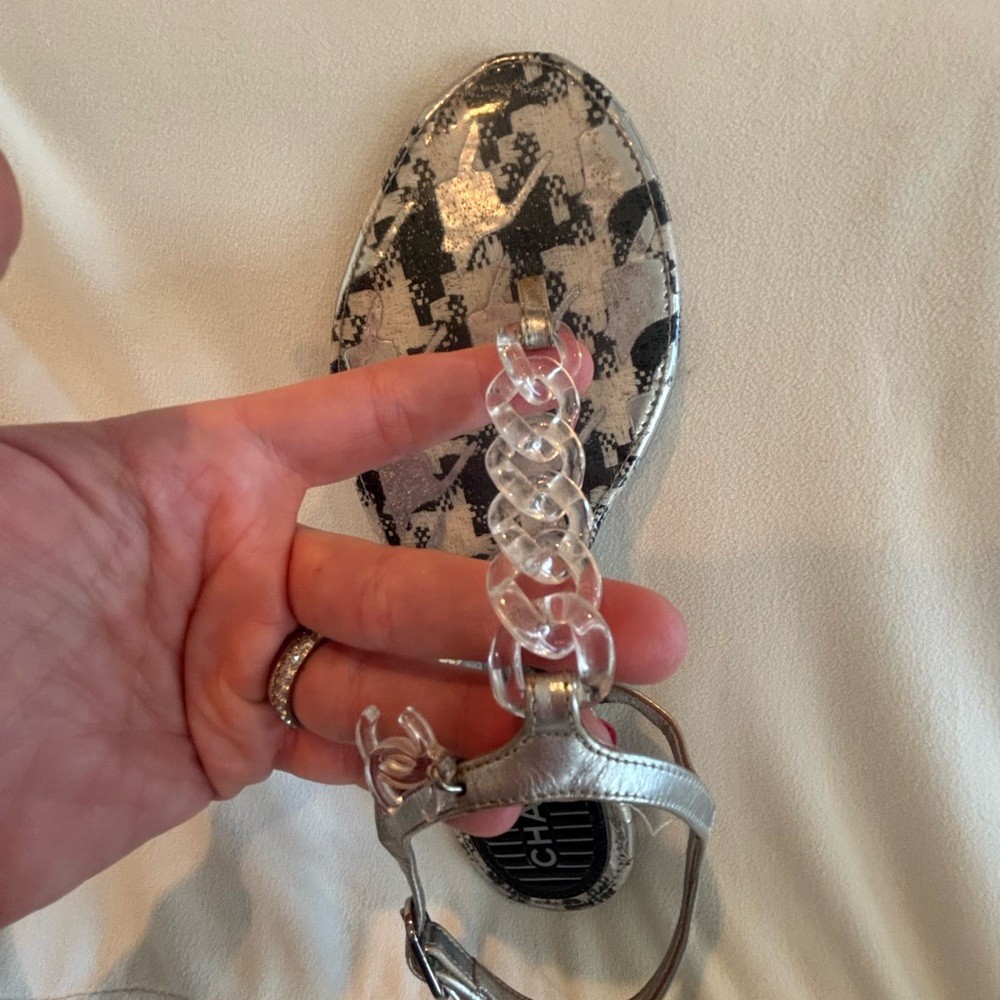CHANEL Silver T-Strap Sandals with Clear Lucite Chain , Size 35