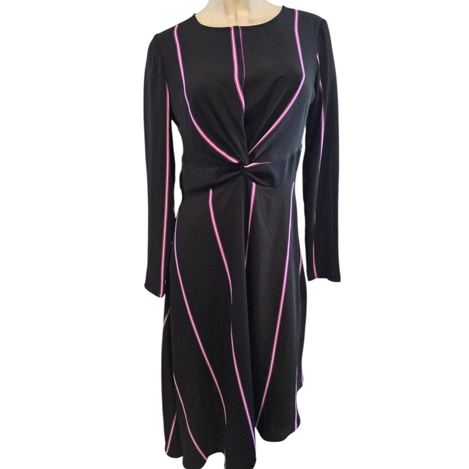 Nine West Size S Dress Asymmetrical Hem Black Purple Stripes Knotted Front