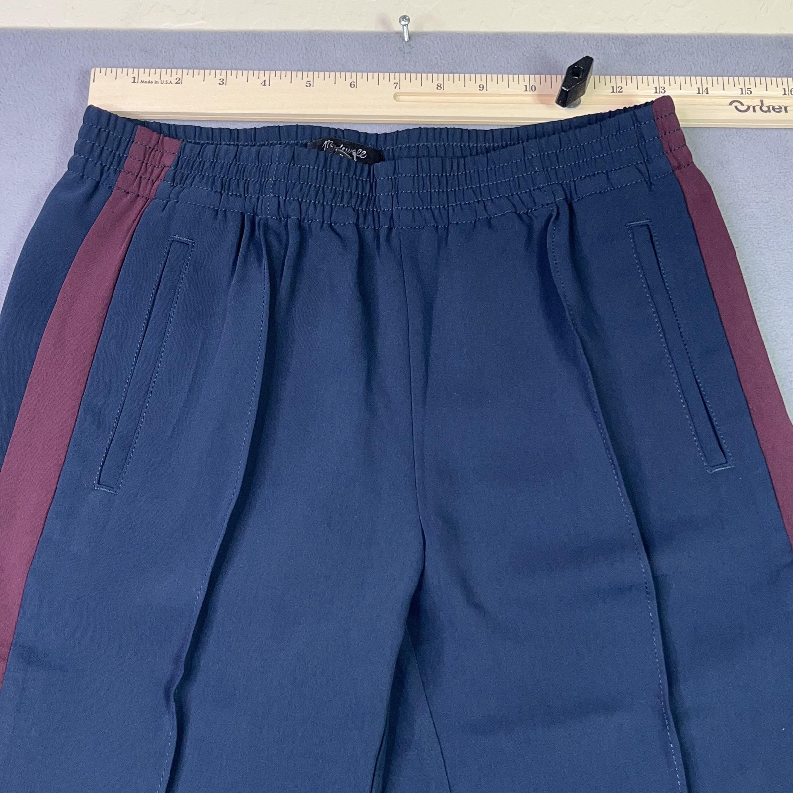 Madewell Pull On Bootcut Track Pants Womens XS Navy Side Stripe Zip Hem FLAW NEW