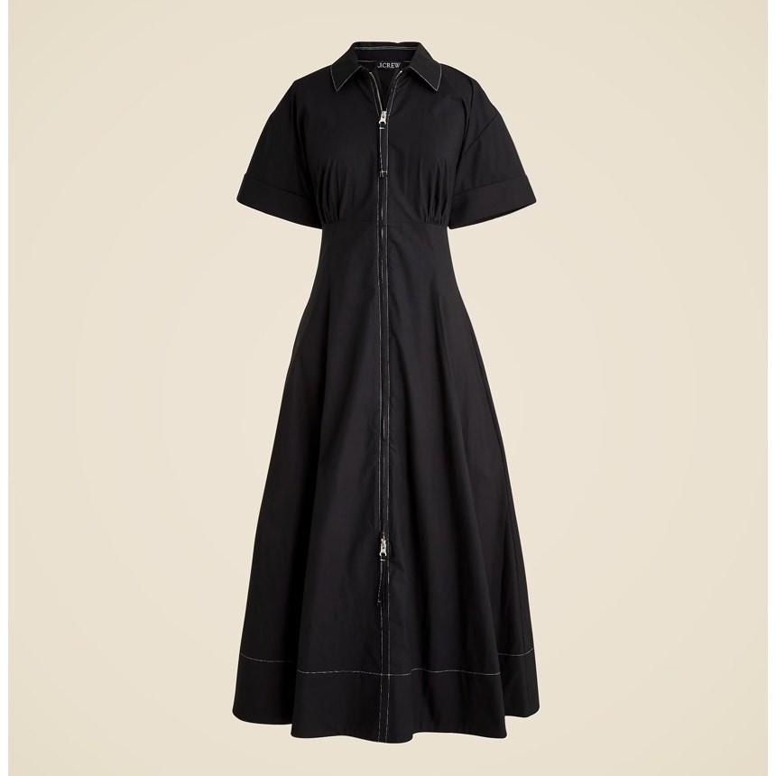 J.Crew Zip Up Shirtdress Womens 6 Black Midi Short Sleeve A-Lined Cotton Poplin