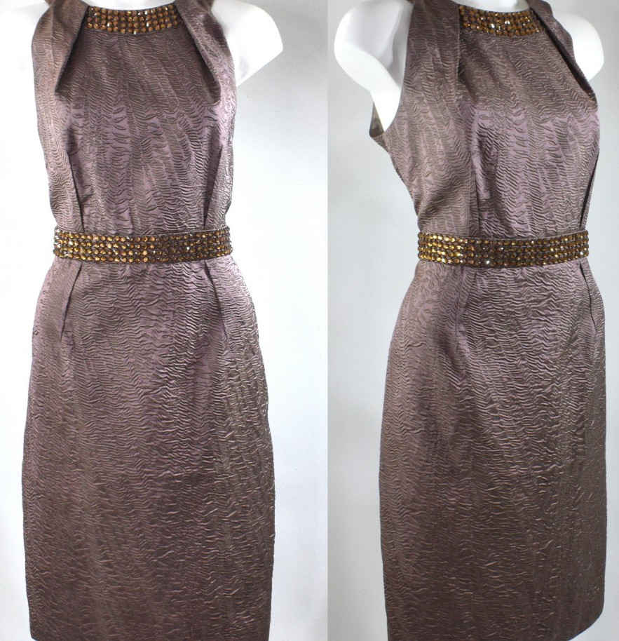 Carmen Marc Valvo Dress Silk Brocade Jewel Shimmer Cocktail Brown Zip Women 10