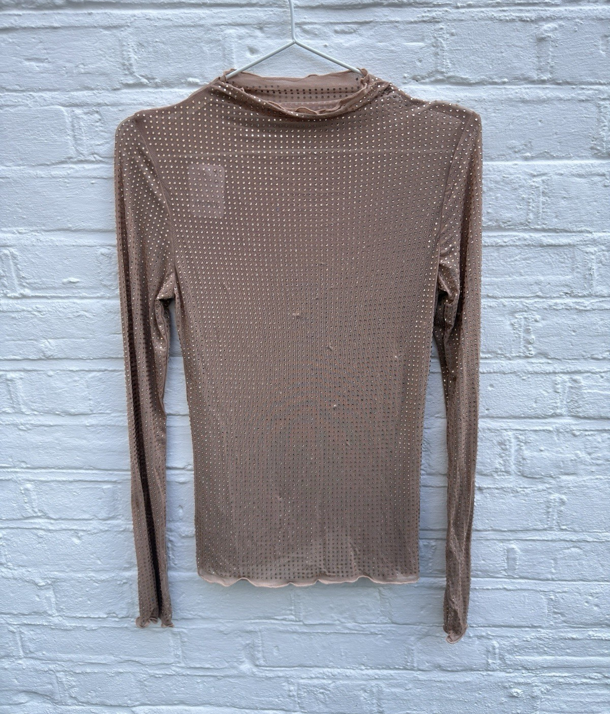 Free People Beige Sheer Mesh Studded Mock Neck Long Sleeve Top Size XS