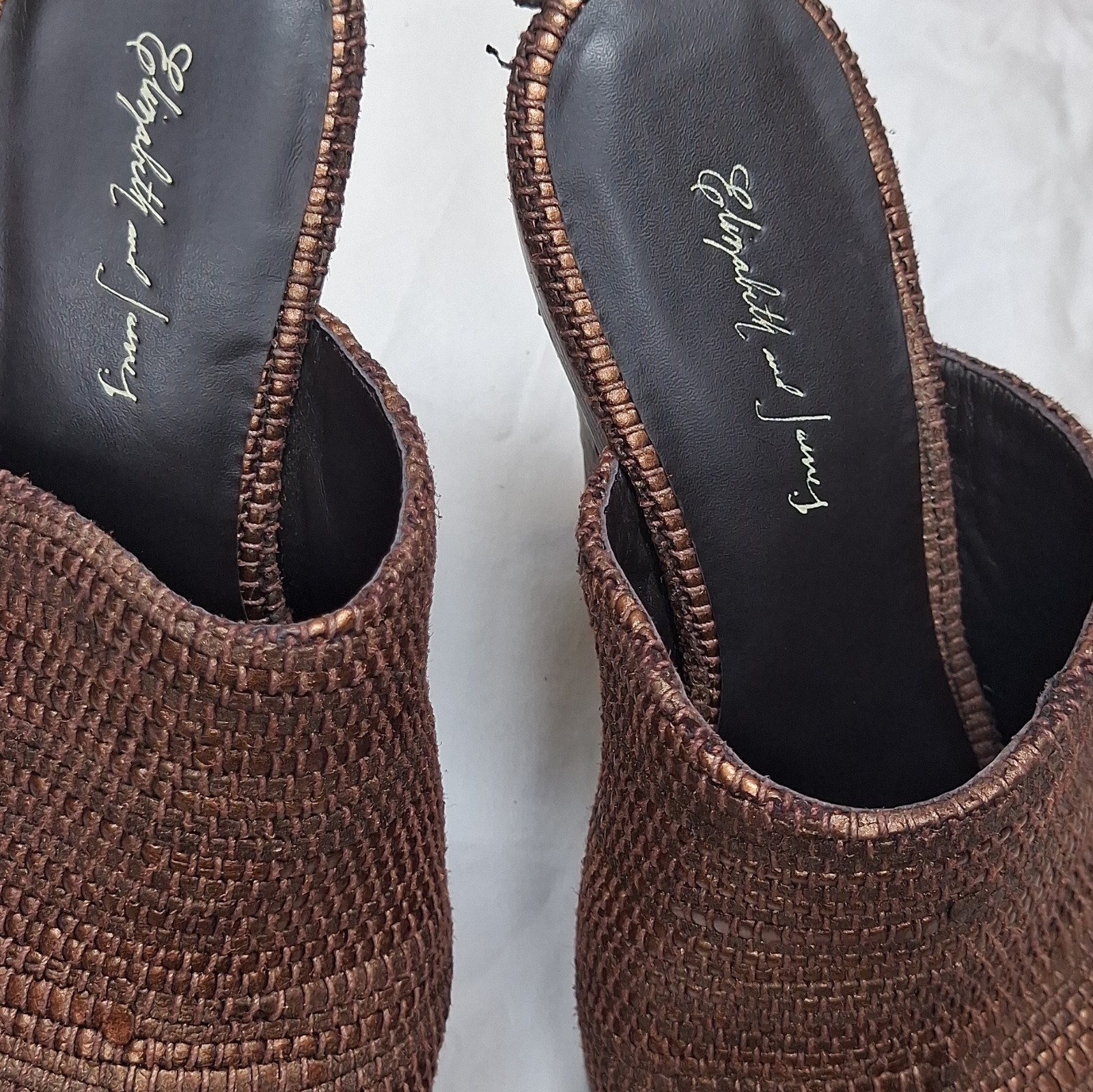 Elizabeth and James Bronze Leather Woven Platform Mule Open Toe Stiletto 7.5
