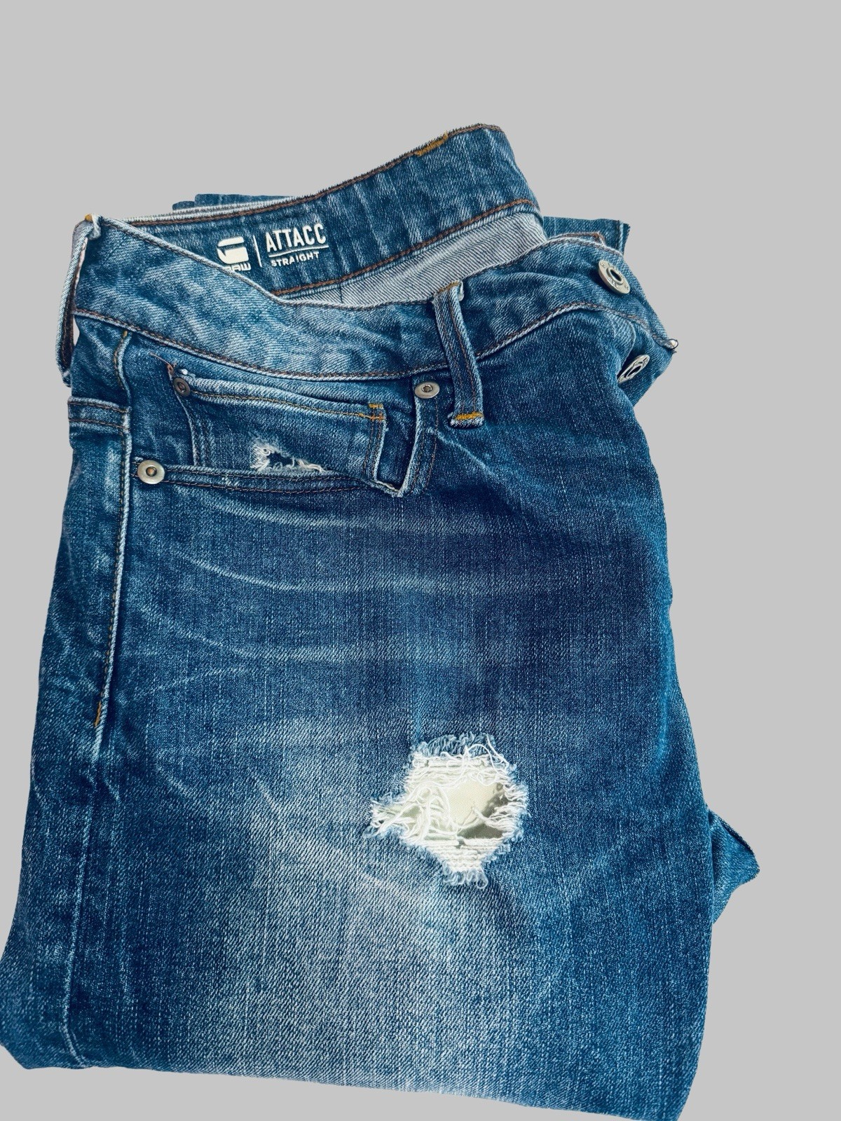 G-Star RAW Men’s Straight Blue Denim Jeans Distressed 5-Pocket Logo