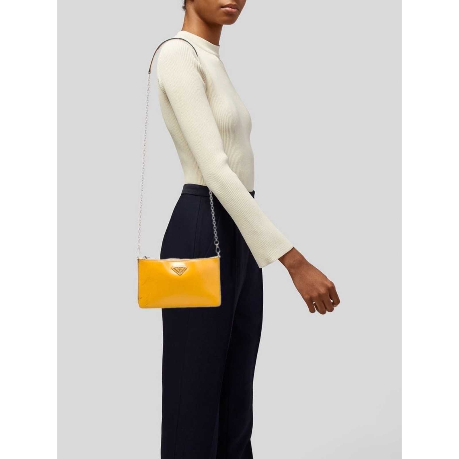 Prada Saffiano Vernice Yellow Patent Leather Triangle Logo Crossbody Bag