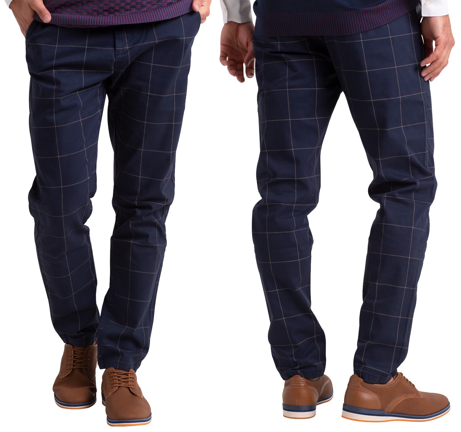 Mens Plaid Check Formal Pants Stretch Slim Fit Casual Fashion Smart Work Trouser