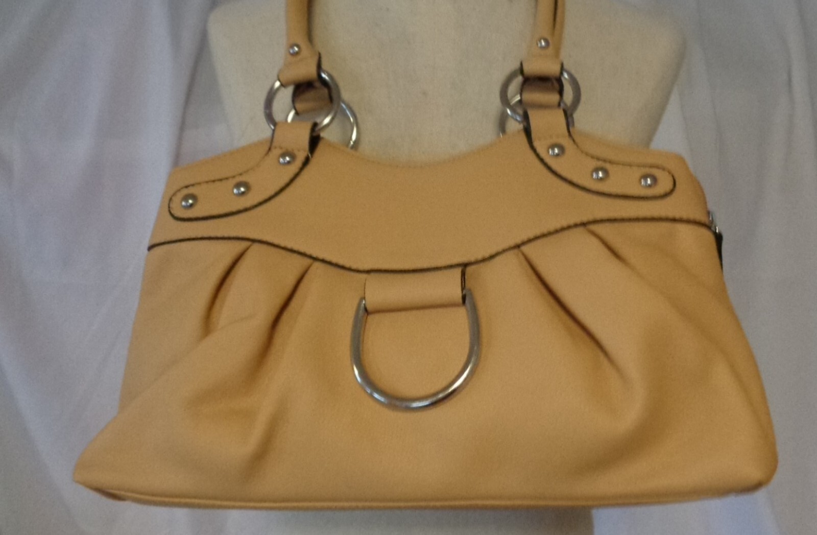 TAN MUSTARD YELLOW HANDBAG PURSE UNBRANDED TOTE MULTI POCKET DOUBLE HANDLE ZIPS