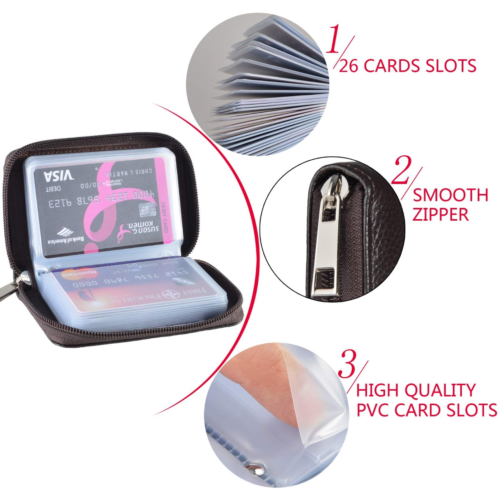 Premium Leather Zipper Wallet – 26 Card Slots, Compact Credit Card Holder