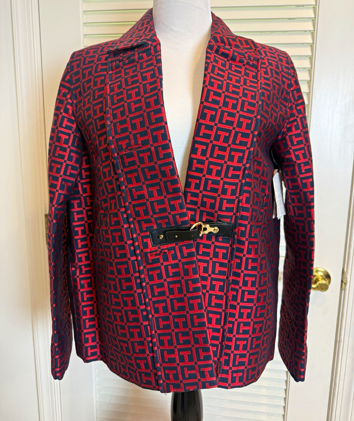 Tommy Hilfiger Pattern XL Red/Blue Geometric Full Zip Gold Buckle Collar Jacket