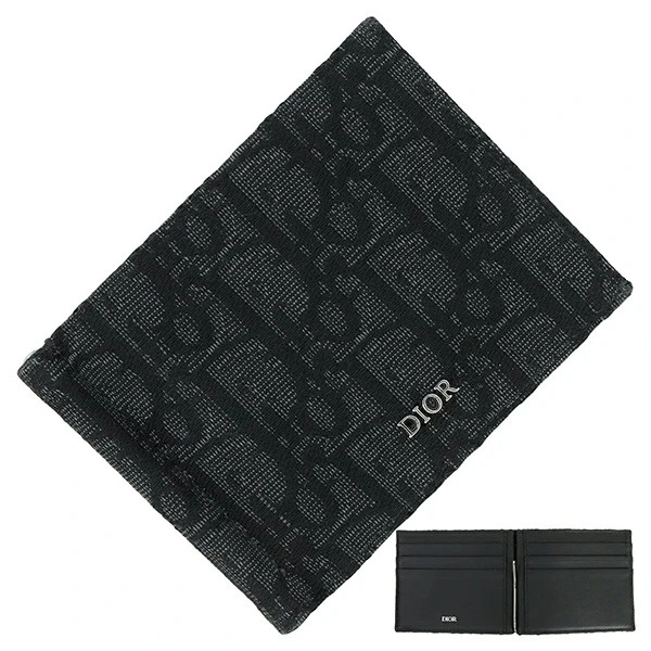 Auth Dior Bifold wallet with money clip Oblique Canvas Leather Black Bifold Men