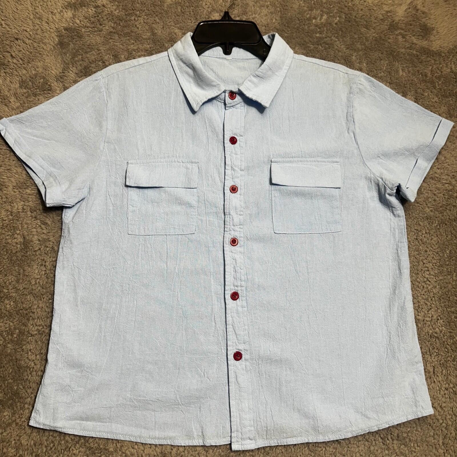 Unbranded Short Sleeve Button Up Shirt Womens L Light Blue Cotton Gauze Utility