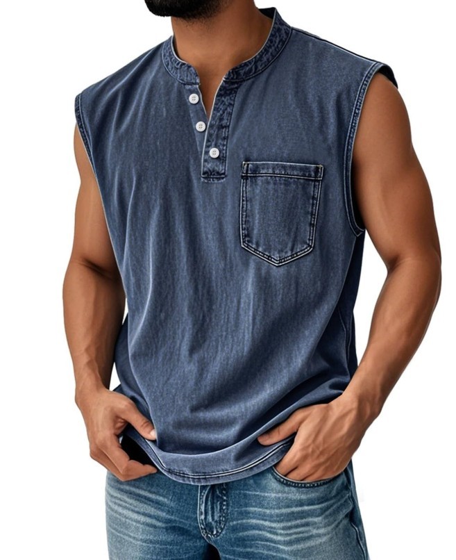 Men’s Sleeveless Henley T-Shirt Casual Cotton Blend Tank Top Summer Gym Vest