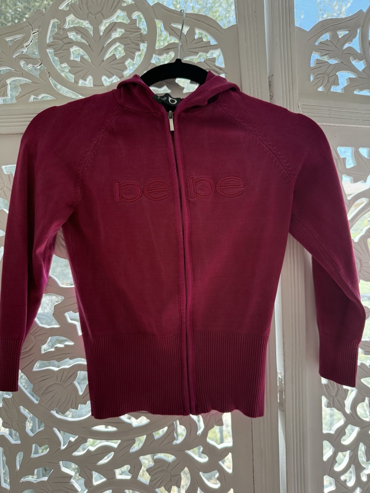 bebe Pink Solid Full Zip Hooded Logo Hoodie Women’s Size S Knit Long Sleeve