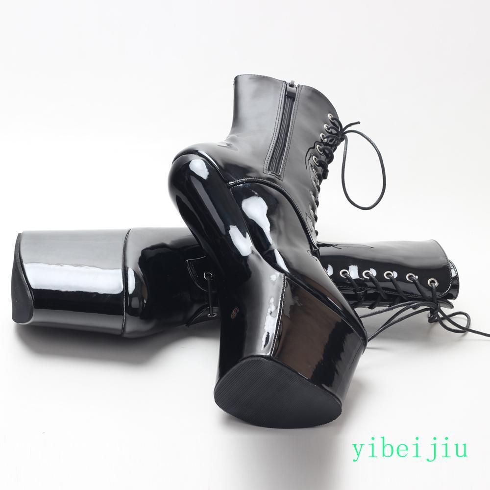 Women’s High Platform Heelless Ankle Boots Glossy Shiny Leather Dance Shoes 20CM