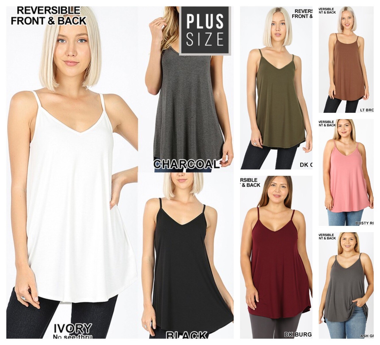 ZENANA Reversible Scoop n V neck Tunic Tank Top Cami Flowy Rayon REG N PLUS S-3X