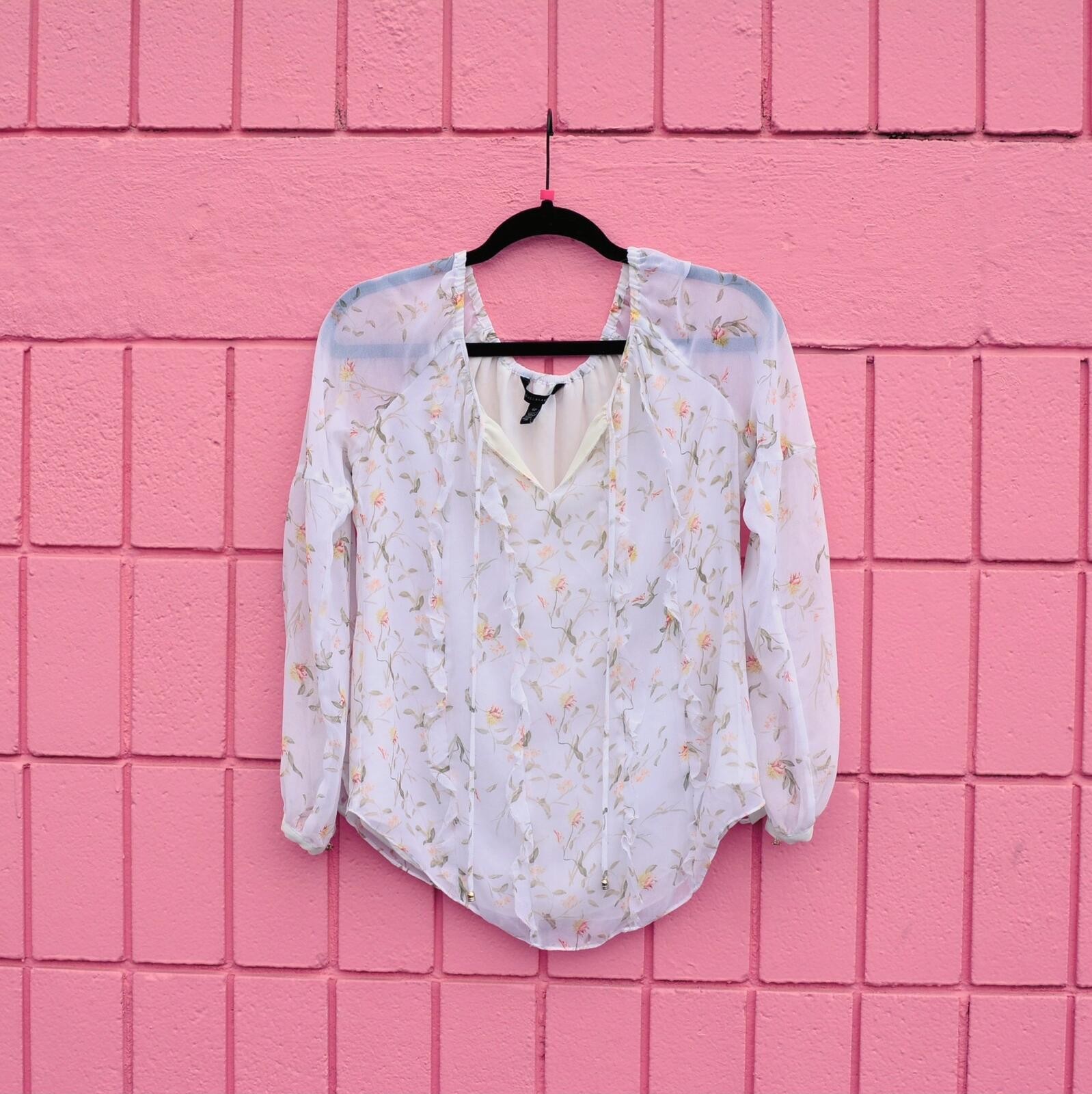#107 4P S White House Black Market White Peasant Blouse Yellow Green Floral Top