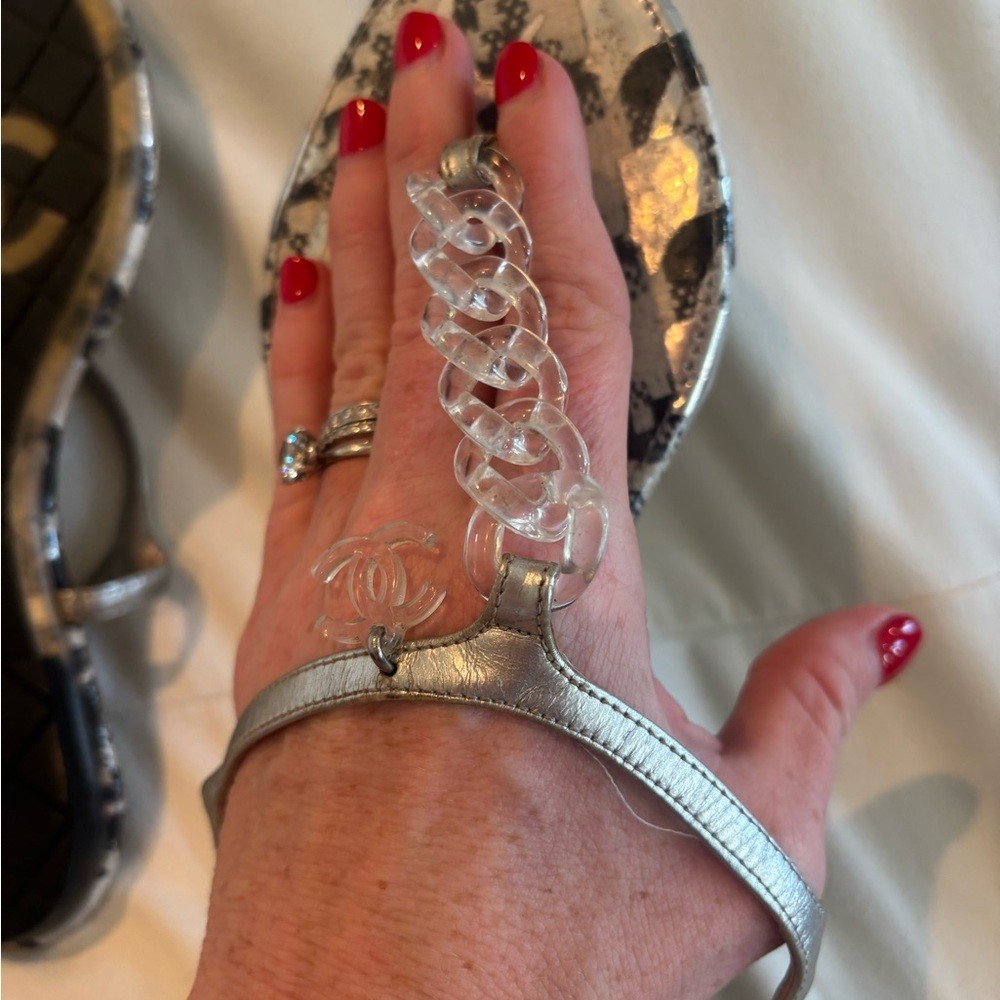 CHANEL Silver T-Strap Sandals with Clear Lucite Chain , Size 35