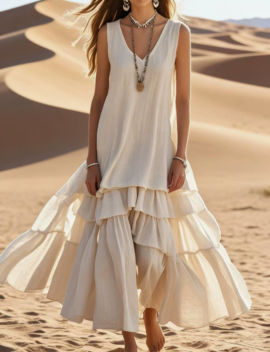 Womens Sleeveless Maxi Dress Casual Flowy Tiered Ruffle Cotton Linen Long Dress