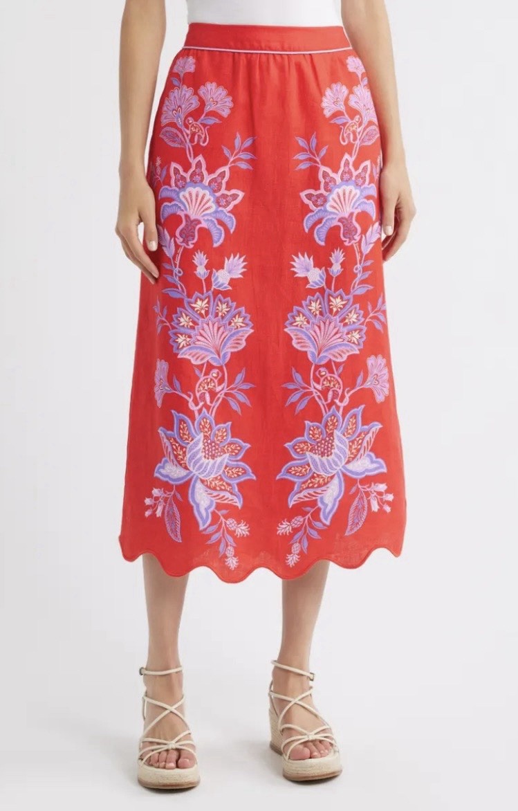 Farm Rio Red Floral Print Midi Skirt Size M ❤️‍🔥Ready To Ship❤️‍🔥