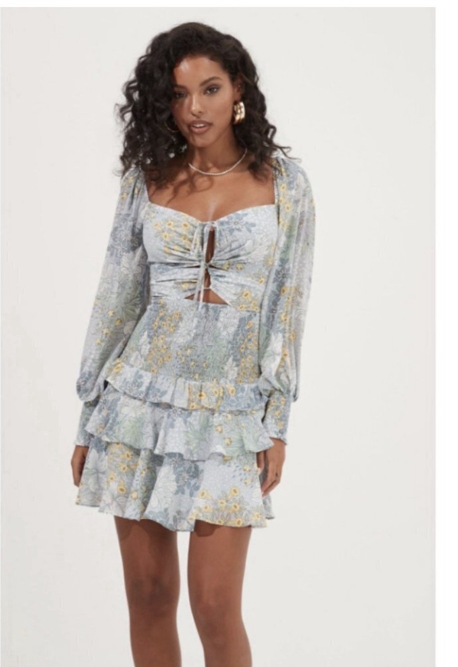 ASTR The Label Marietta Dress Blue Multi Floral Smocked Tiered Mini Dress large
