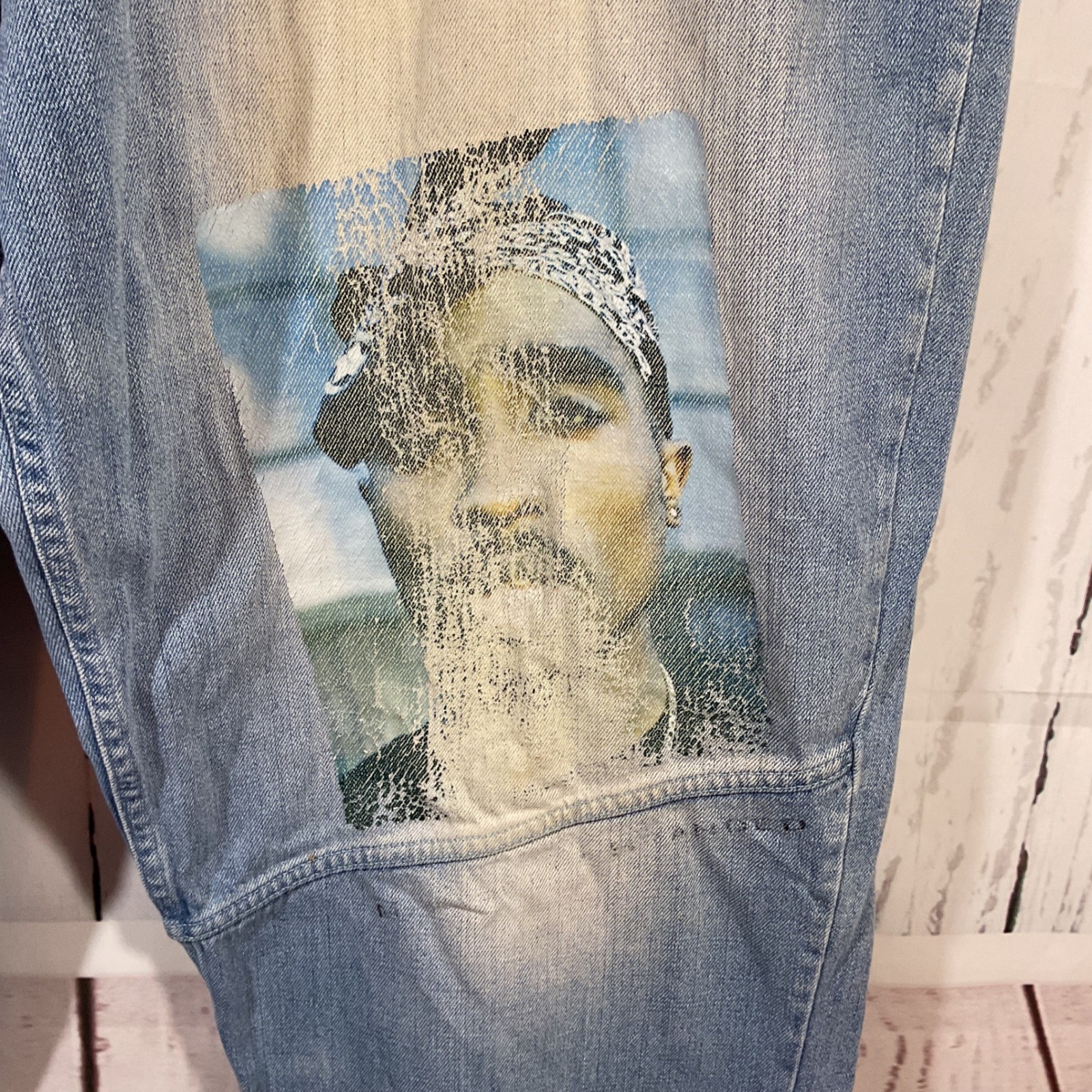 Tupac Makaveli Jeans 42×34 Baggy Denim Fade Graphic Hip Hop Y2K Grunge Rap 90s