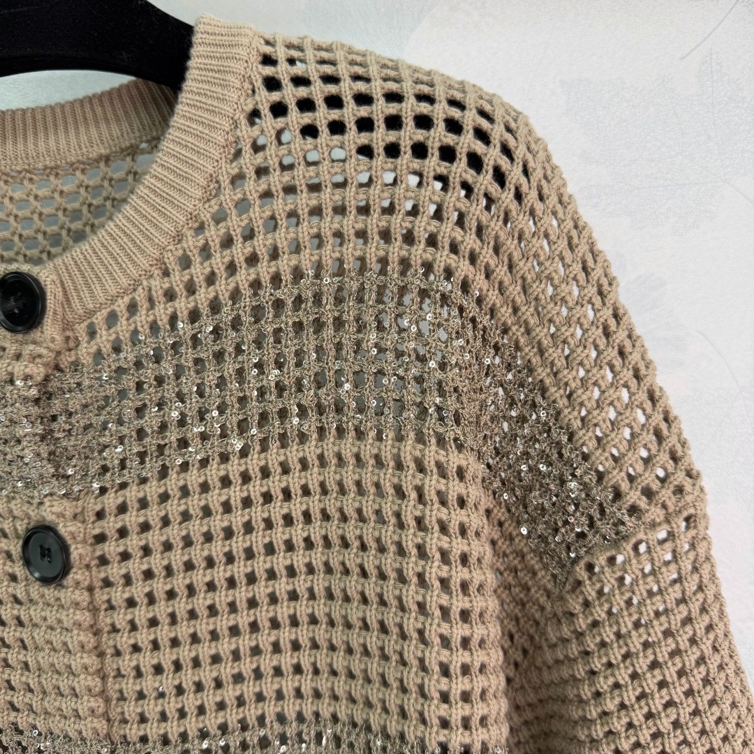 Brunello Cucinelli Women’s Openwork Knit Sequin Short-Sleeve Top, Size S