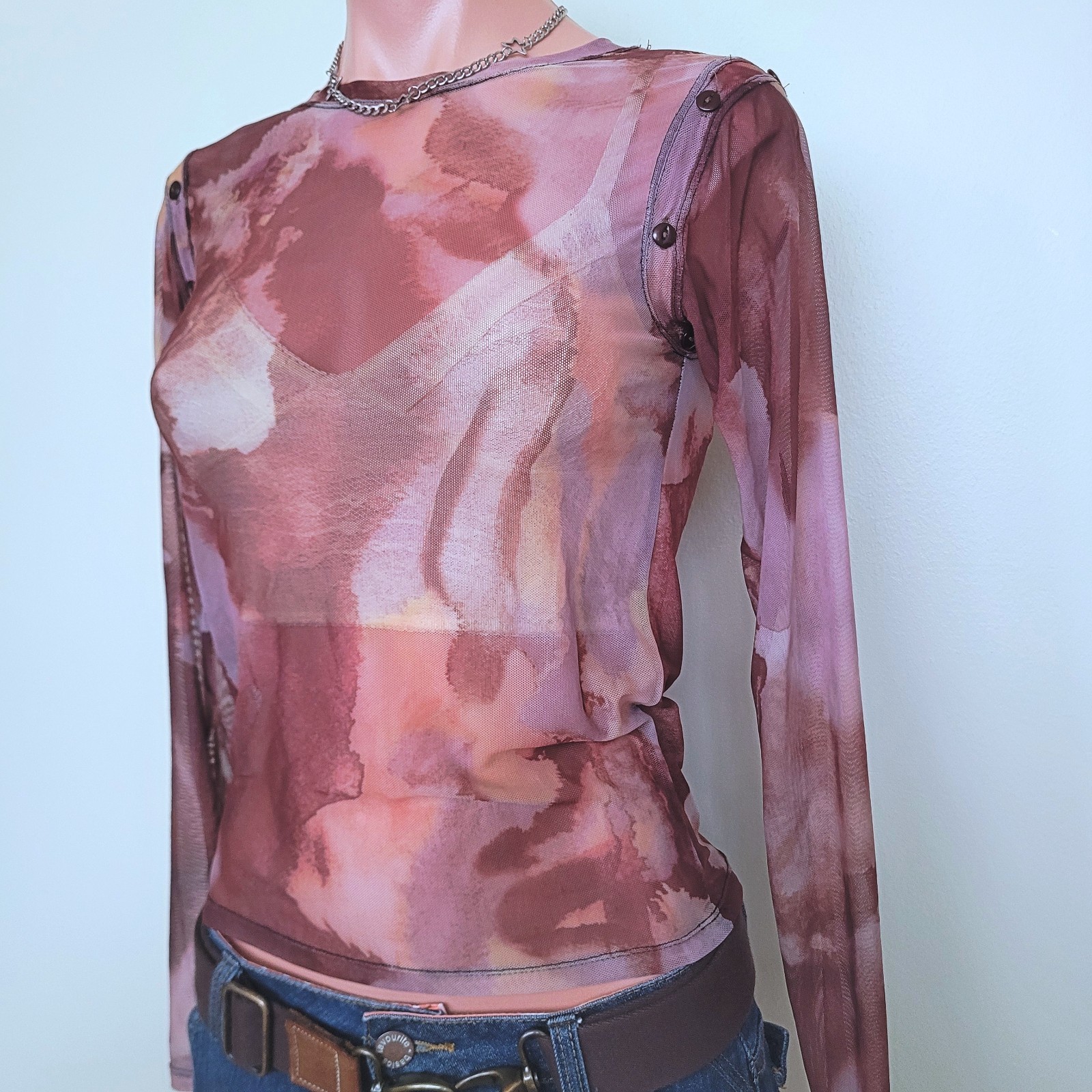 Maxia Gothic Abstract Tie Dye Sheer Mesh See-Through Long Sleeve (One Size)