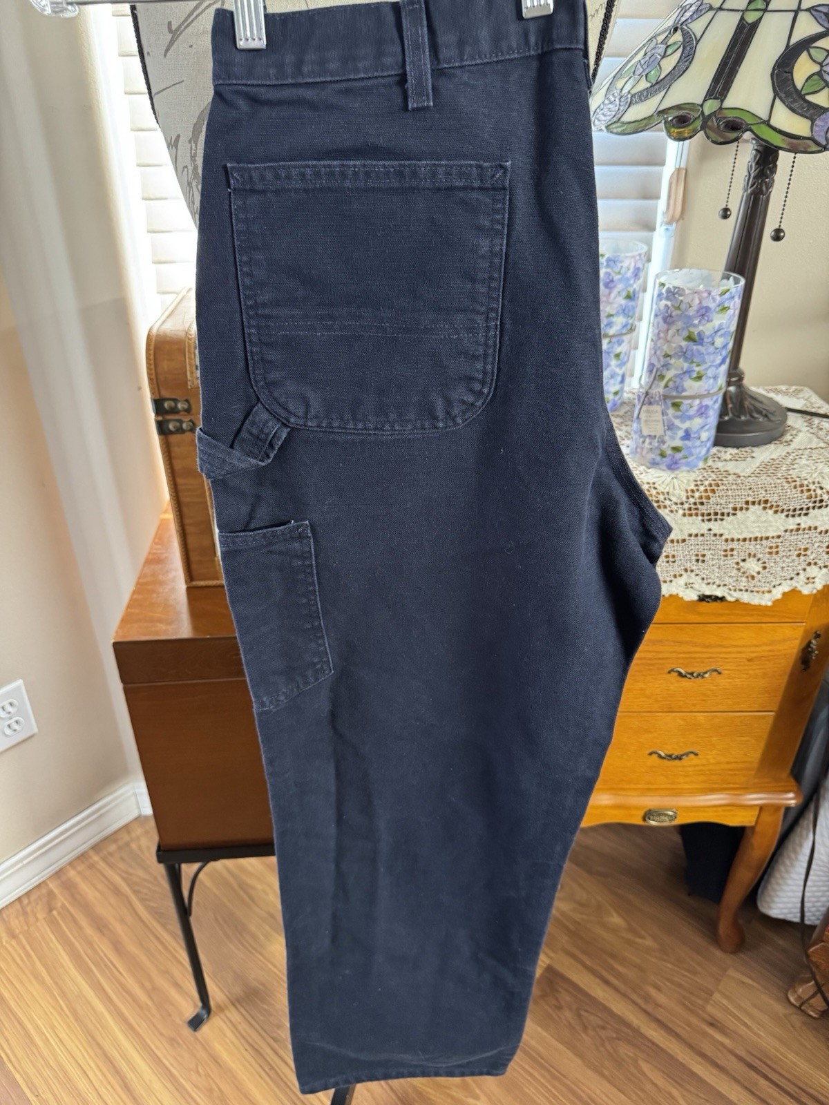 CARHARTT MENS 36X30 NAVY COTTON DENIM CARPENTER PANTS, FLAT FRONT, SLANT POCKETS