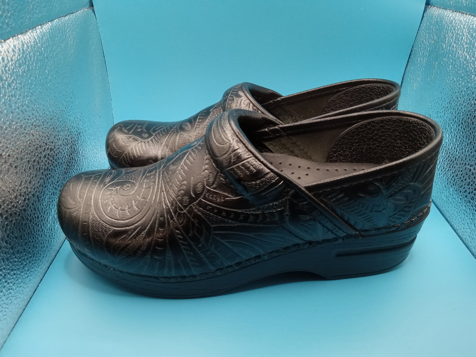 Dansko Clogs Womens 37 EU 6.5 US Antique Tooled Leather Black Paisley Shoes