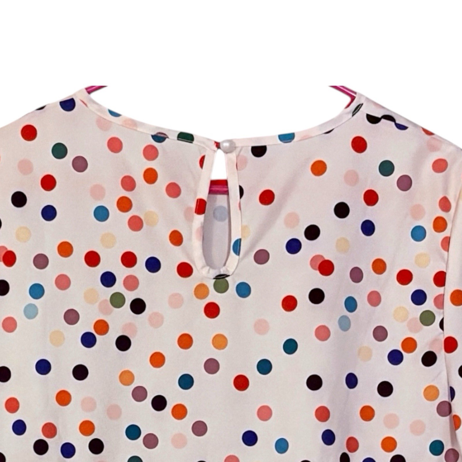 SheIn White Multicolor Polka Dot Round Neck Ruffle Flutter Sleeve Blouse L