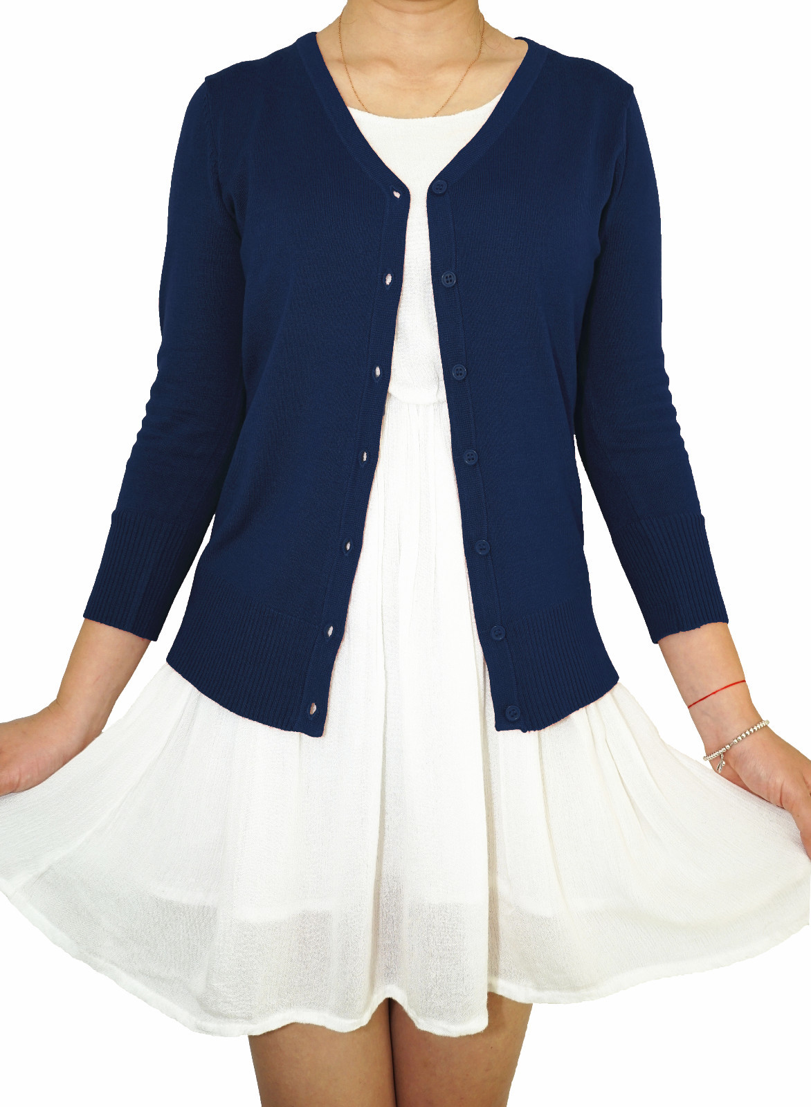 Women Fitted Cardigan V-Neck 3/4 Sleeve Vintage Soft Knit Basic & Plus Size USA