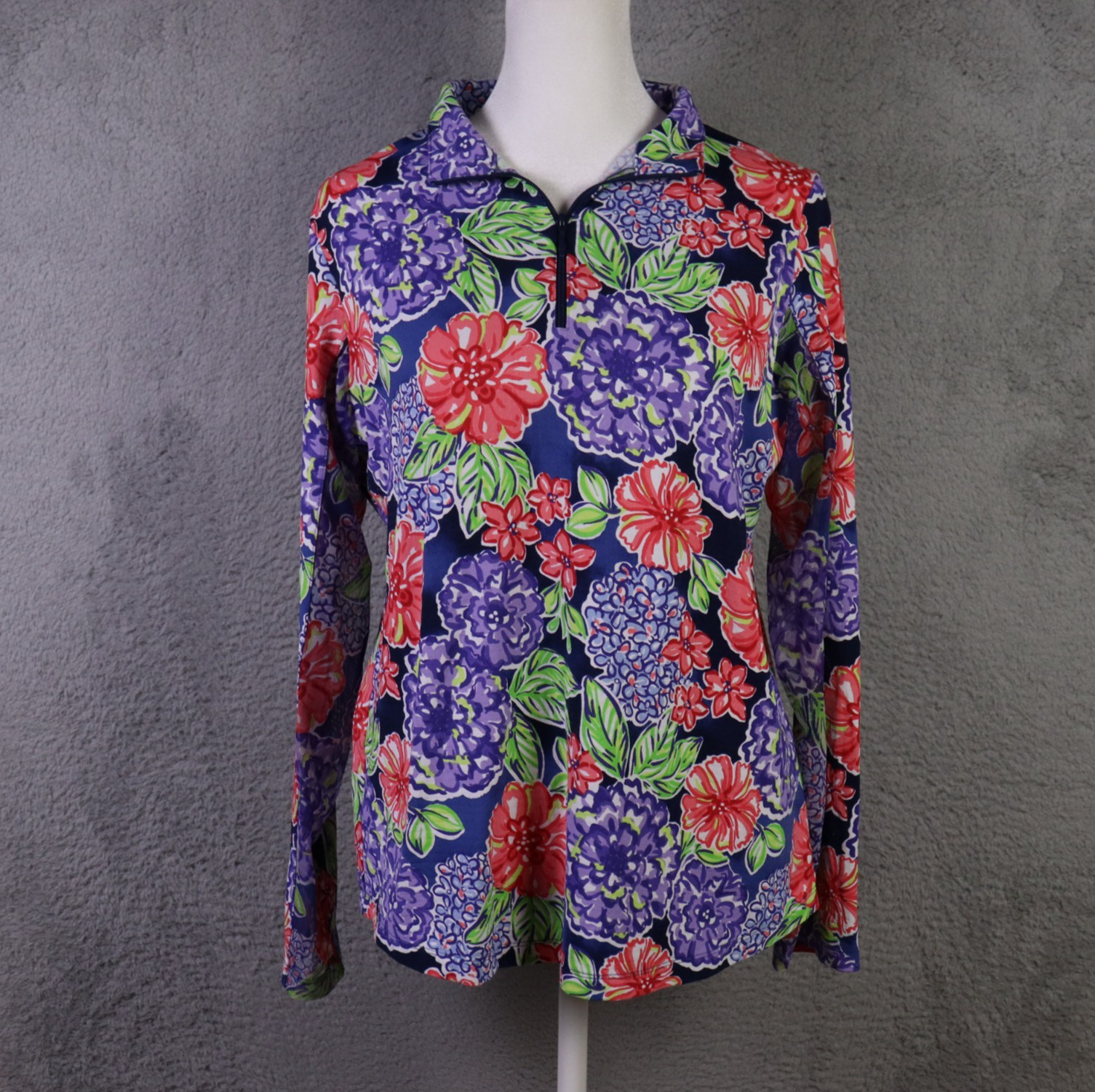 IBKUL Top Womens Medium Purple Floral 1/4 Zip Performance Long Sleeve Mesh Golf