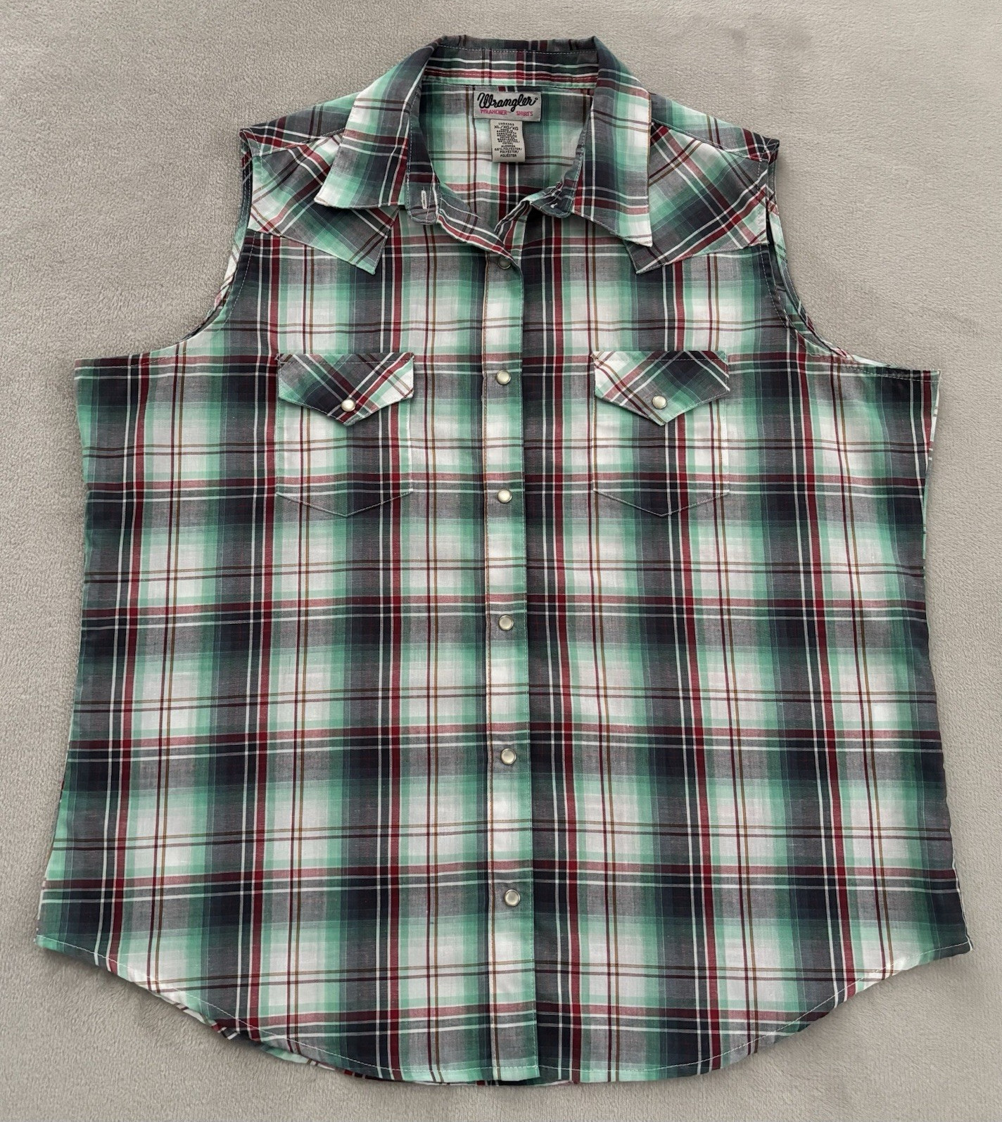 Wrangler Wrancher Pearl Snap Shirt Women’s XL Plaid Sleeveless Cowgirl Rodeo