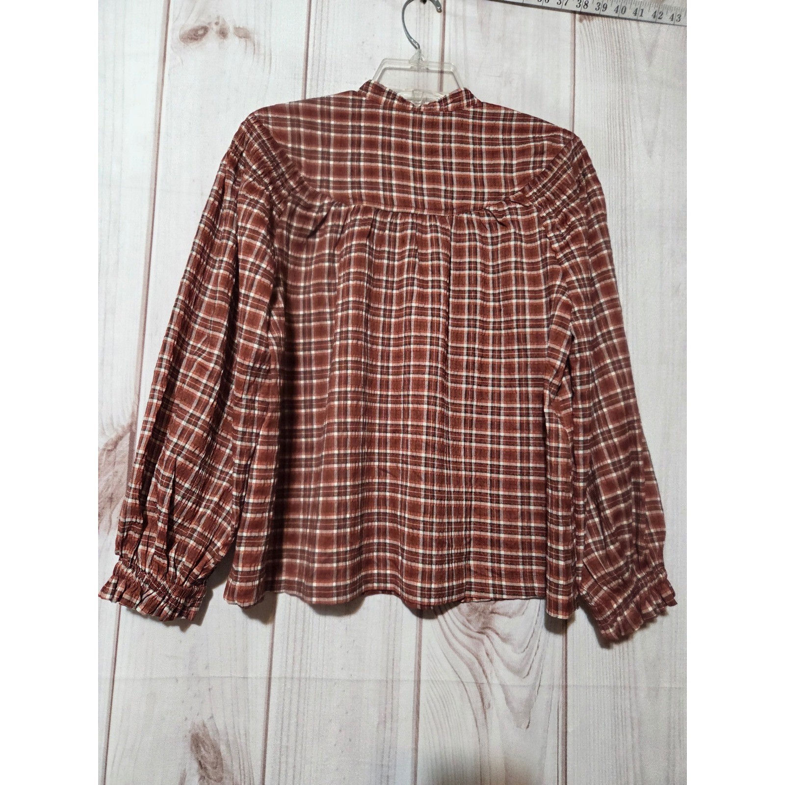 Treasure & Bond Plaid Split Neck Balloon Sleeve Blouse Rust Brown Small