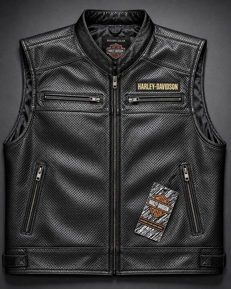 New Harley-Davidson Men’s Perforated Leather Biker Vest Black Motorcycle Jacket