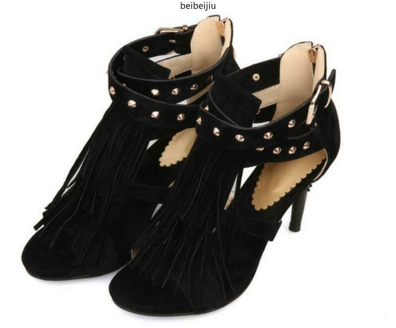 Tassels Rivet Gladiator Women’s Sandals Buckle Shoes Strap High Heel Roma Hot