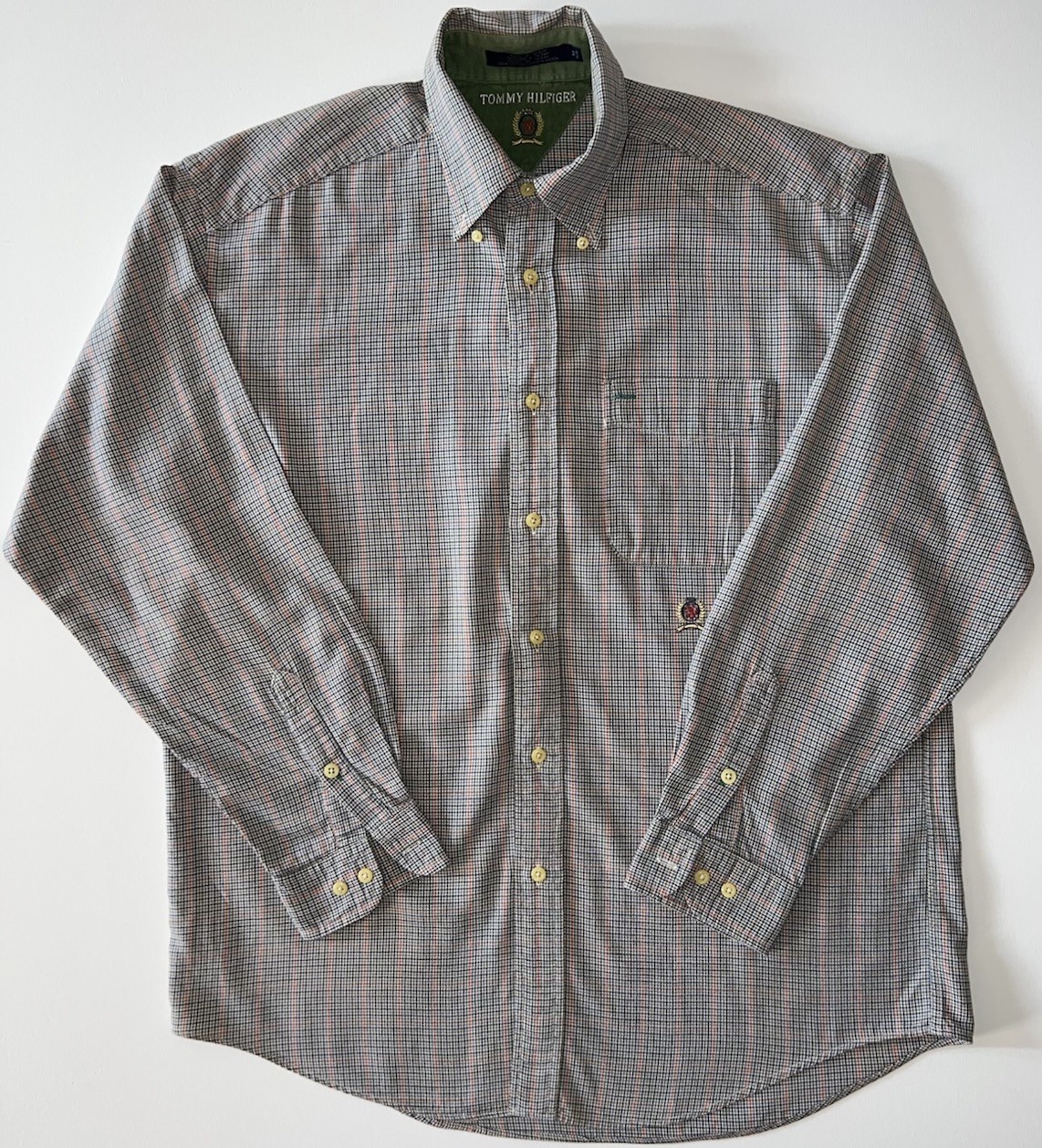 Vintage 90s Tommy Hilfiger Lion Crest Logo Button Down Shirt Green Plaid Large