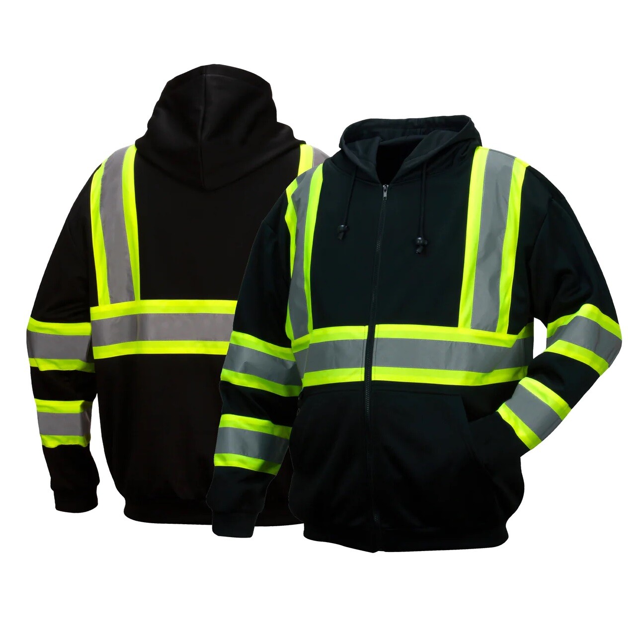 Hi Vis ANSI Reflective Work Safety Black Zip Up Hooded Sweatshirt Fleece Hoodie