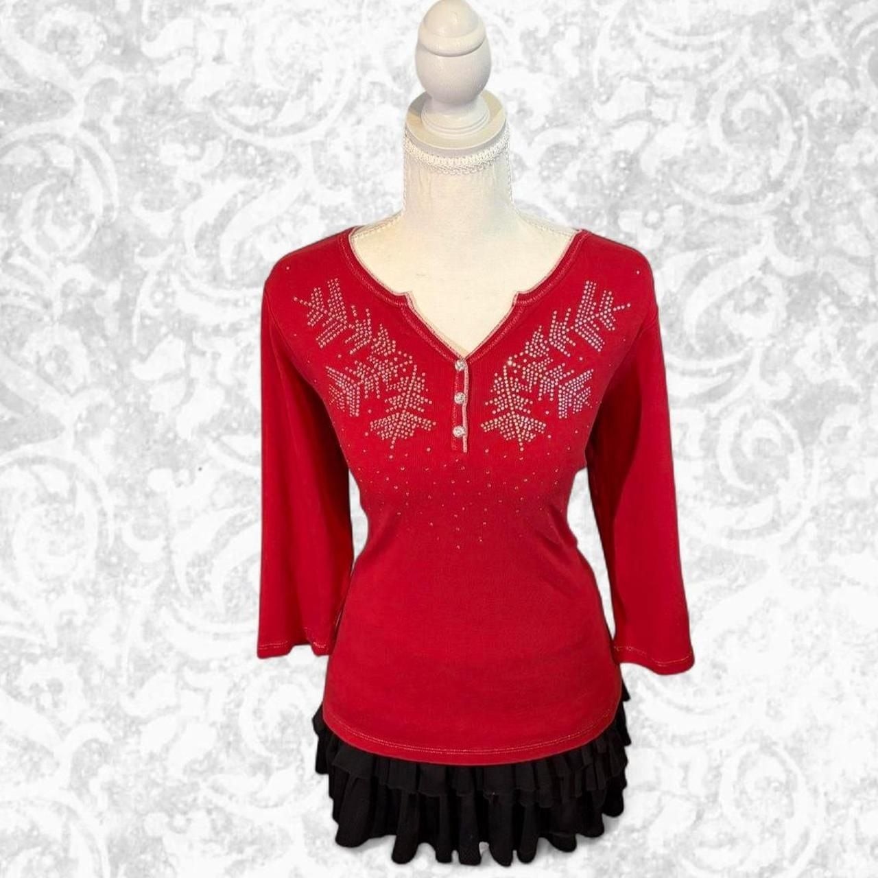 Christopher & Banks Red Snowflake Rhinestone Henley Top