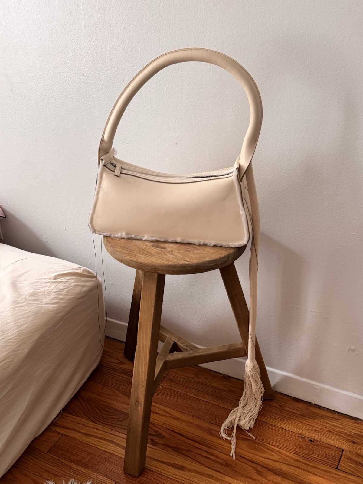 DENTRO Ivory Leather Baguette Shoulder Bag Tassel Strap Cream Made in Italy